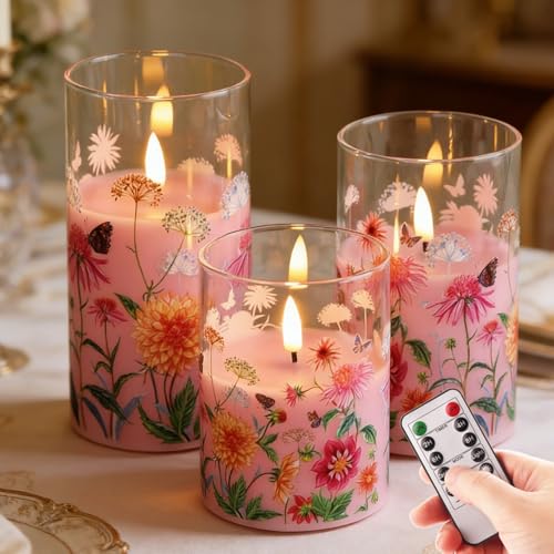 Image of Pink Floral Glass Flameless Pillar Candles with Remote, Flickering Spring LED Battery Candles Home Decor Set of 3