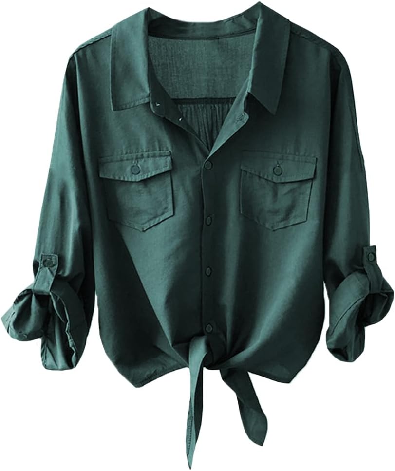 Womens Button Down V Neck Shirts 3/4 Sleeve Tie Front Loose Office Business Shirt Blouse Summer Casual Tops