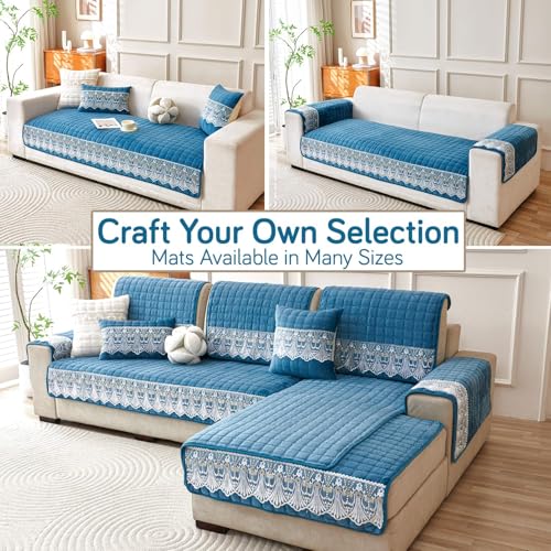 Image of HOKIPO 'BelleLace Series' Imperial Milk Velvet Sofa Cover Mat with Lace Design| Make Your Own Sofa Cover Set, Mat Length 90(D) x 60(L) cm, Celdaon Blue (NEW-AR-5962-BL)