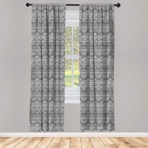 Lunarable Tribal Window Curtains, Monochrome Doodle Style Chevron Style Pattern Herringbone Design Arrow, Lightweight Decor 2-Panel Set With Rod Pocket, Pair Of - 28" X 84", Black Grey #TOP1