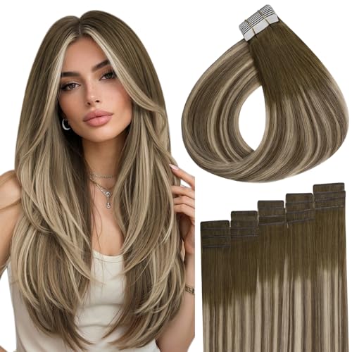 Image of Full Shine Hand Tied Invisible Tape in Hair Extensions,Remy Human Hair,3 /8 /22 Medium Brown to Blonde Balayage,50g 20Pcs 24 Inch,Seamless Skin Weft Injected Tape in Extensions for Graduation Glam