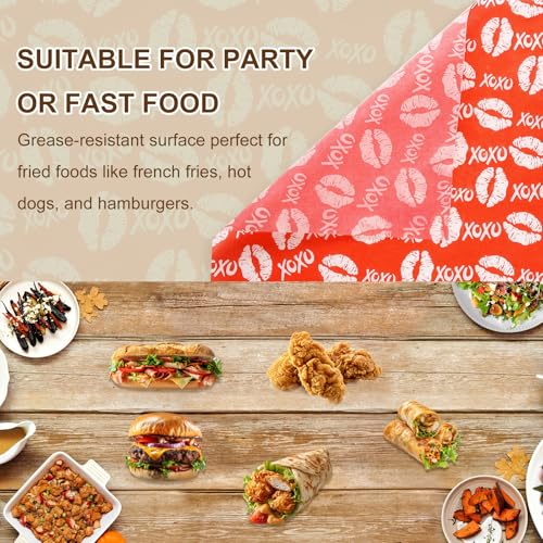 QUARKZMAN 100 Stück Wachspapierblätter 11,81 x 11,81 Rote Lippen Ölabsorbierendes Trockenlebensmittel Verpackungspapier für Sandwich Picknickkorb Brot Hamburger Verpackung Küche, Rot