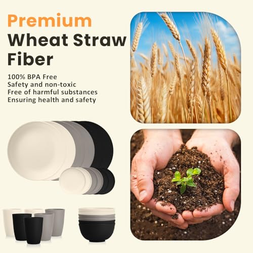 Image of Homienly Wheat Straw Plates and Bowls Set, Lightweight & Unbreakable Dinnerware Set for Kitchen, Parties, Holidays, Microwave and Dishwasher Safe Dish Set - Plate Sets, Bowls, Cups, 24pcs (Grey Stone)