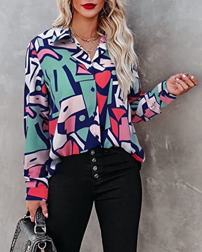 Magritta Womens Collared Blouses Tops Dressy Spring Summer Graffiti Heart Button Down Long Sleeve Oversized Cuffed V Neck Shirts Blue Xx-Large #TOP2