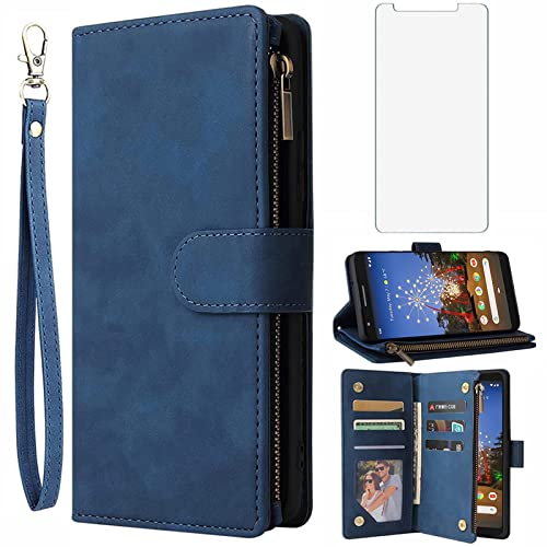 Asuwish Compatible with Google Pixel 3a Wallet Case Tempered Glass Screen Protector and Leather Flip Cover Magnetic Card Holder Stand Cell Accessories Phone Cases for Pixel3a Pixle a3 Women Men Blue