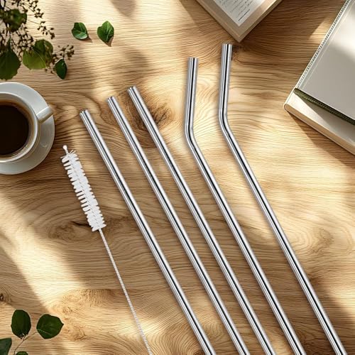 Image of Reusable Stainless Steel Drinking Straws with Cleaning Brush Set of 5 Metal Straws Straight and Bent Design for Smoothie, Milkshake, Cocktail and Hot Drinks Our Any Drinks Uses for Gift Set