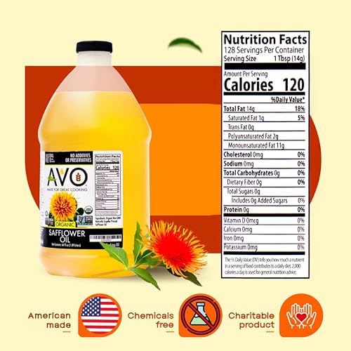 Image of AVO Organic Safflower Oil for Cooking, Frying, Baking, Salads, Vinaigrette, Marinades. General Cooking Oil 64 Fl-oz (Half a Gallon), No preservatives, Naturally Processed, High Smoke Point 465F