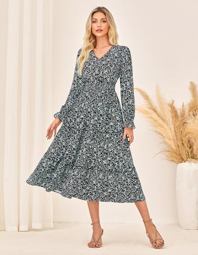 GRACE KARIN Women's Floral Maxi Dress 2025 Fall Long Sleeve Flowy V Neck A Line Dress Smocked Long Dresses with Pockets3