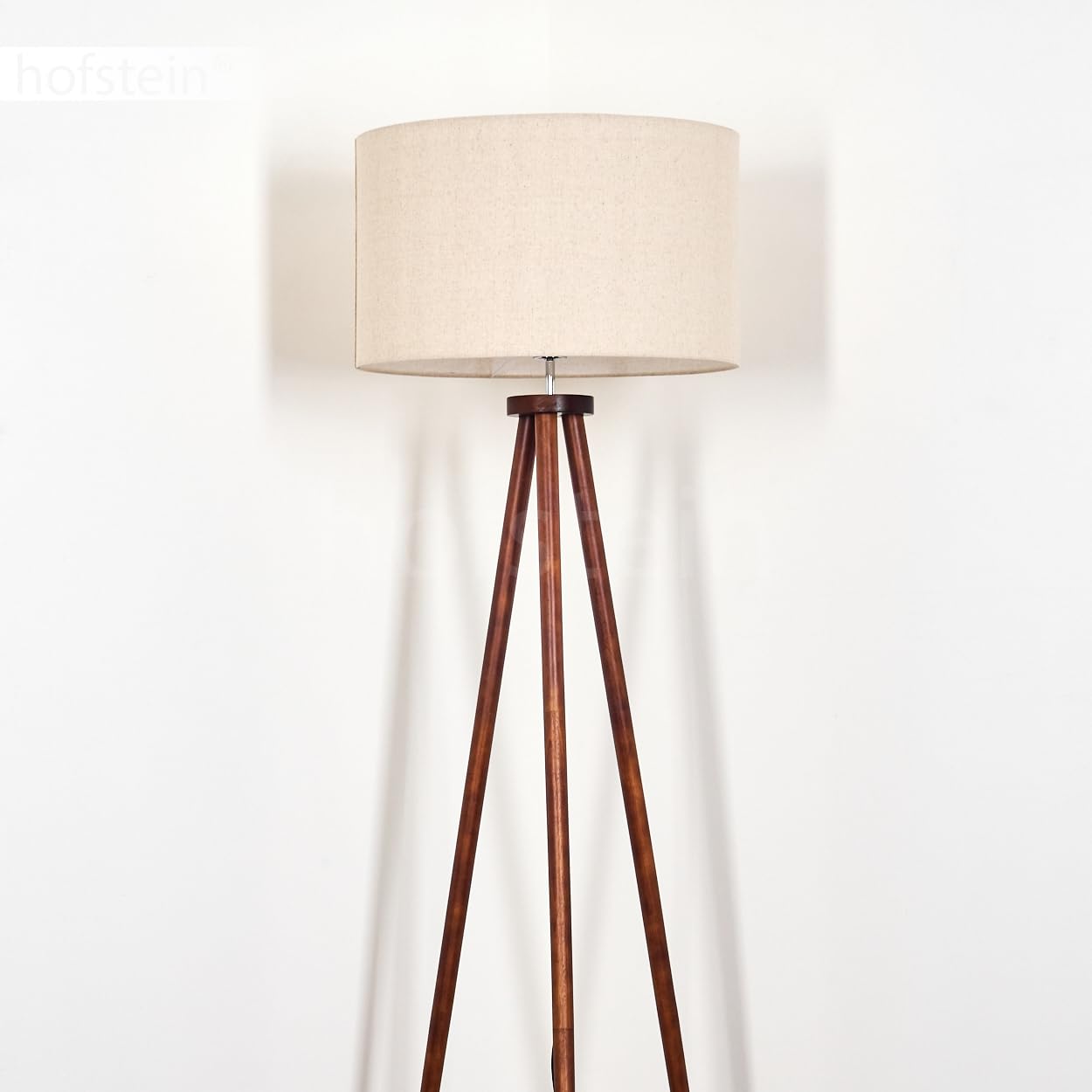 Stehleuchte Flemming, Stehlampe aus Holz/Stoff in Dunkelbraun/Beige/Weiß, Leuchte im skandinavischen Design mit rundem Schirm (Ø 50 cm) u. Fußschalter, Höhe 155 cm, 1 x E27, ohne Leuchtmittel