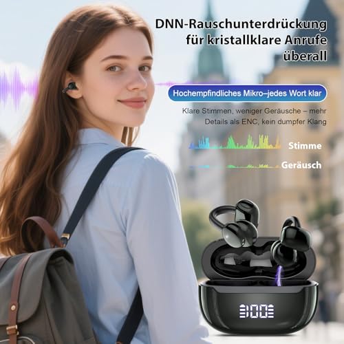 Open Ear Kopfhörer Bluetooth 5.4, Clip On Kopfhörer mit Innovatives Clip-Design, 48Std Spielzeit ohrhörer bluetooth mit DNN Geräuschunterdrückung, Sicherer Halt, Intensiver Klang, IPX7 Wasserdicht