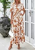 PRETTYGARDEN Women's Summer Maxi Dress 2026 Resort Wear Boho Floral V Neck Puff Short Sleeve Ruffle Flowy Beach Long Dresses(Khaki,Large)