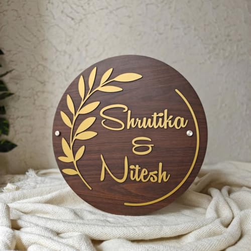 Image of 10x10 Inch Customized Wooden Name Plate for Home Entrance Round Wall Door Name Sign Personalized Couple Name Board Premium Wooden Finish with Golden Acrylic Letters