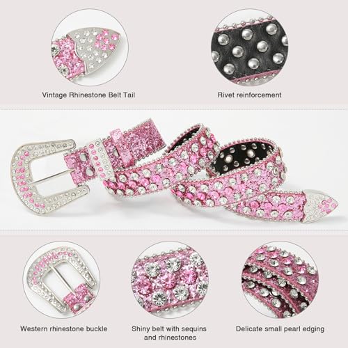 AWAYTR Rhinestone Belt for Women Men - Western Cowgirl Sequin Diamond Bling Studded Belts for Jeans Pants2