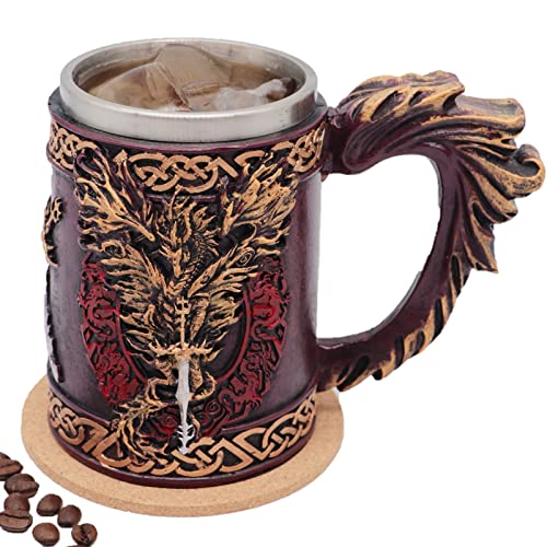 WOKHACH Medieval Dragon Mug - Stainless Steel GOT Drinking Tankard Viking Coffee Cup, Norse Mythology Poetic Gothic Decor Party Decoration Dragon Gift, 18OZ