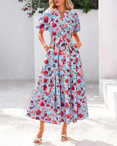 BTFBM Women Summer Fall Boho Maxi Dress Casual Floral Puff Short Sleeve V Neck Button Belt Flowy Beach Vacation Dresses2