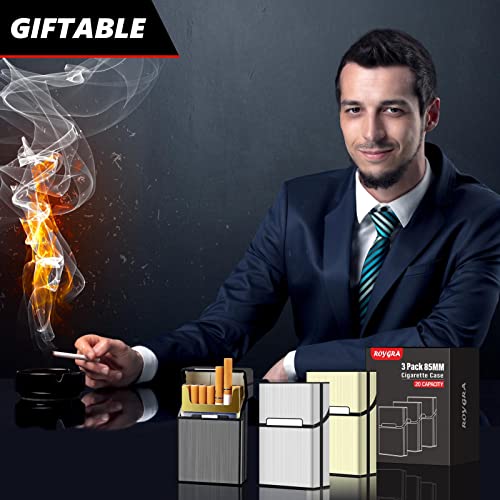 Roygra Cigarette Case 3 Pack, Magnetic Brushed Aluminum For 20 Cigarettes (Gray + Silver + Gold, 100Mm 100S) #TOP6