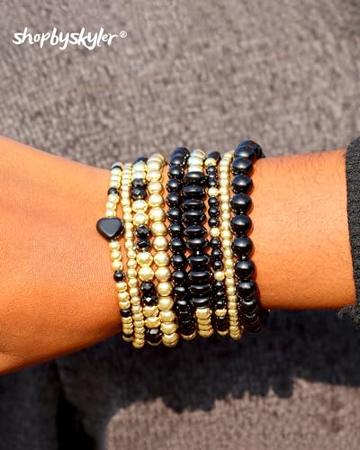 9PCS Gold Bracelets for Women Heart Stone Beaded Bracelets Gold Stretch Bracelets for Women 14K Real Gold Plated Stackable Bead Ball Bracelet Set3