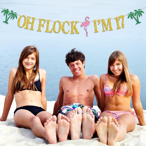 Image of Oh Flock I'm 17 Banner, Glitter Happy 17th Birthday Anniversary Party Decorations, Pineapple Party Decor, Hawaiian Luau Tropical Aloha 17 Theme Party Photo Props