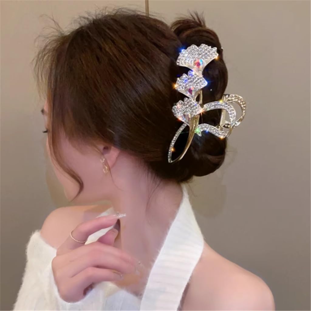Pince à cheveux en métal diamant feuille de ginkgo grand requin pour femme