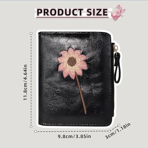 Wallet Women, Leather Bifold Card Holder Wallets for Women with Snap and Zipper, Flower Embroidery Printing Small Wallet with Coin Pocket and 6 Cards Slots (Black)2