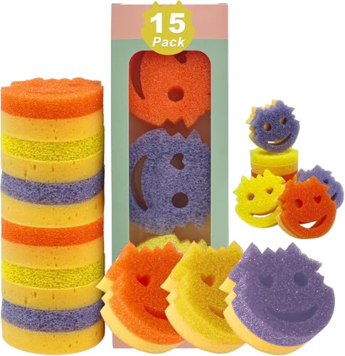 Saiqiang Putzschwamm 15er-Pack,geruchsresistenter Smiley Schwamm, doppelseitiger, temperaturgeregelter Küchenschwamm,Topfreiniger Küchenschwämme für Küche, Bad und Haushaltsreinigung