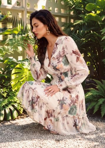Image of Prettywear Women's Chiffon Long Sleeve Wrap Neck Wedding Guest Mini Dress | Wrap V Neck Smocked Waist Flowy Dress, Spring Fall Outfits for Cocktail, Vacation, Date Night Party