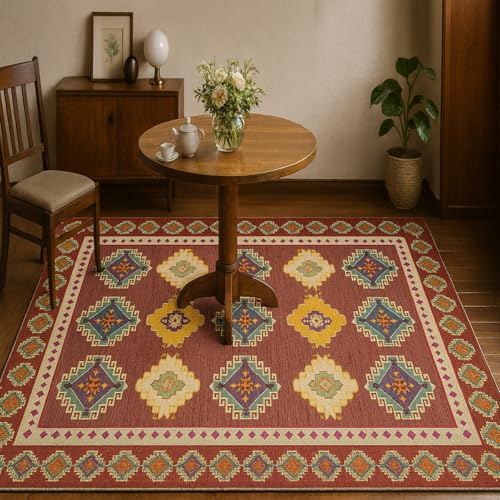 ARUGYTEI Alfombra de pasillo de 100 x 180 cm, diseño geométrico vintage, rojo, amarillo, verde, morado, beige, lavable, para salón, oficina, dormitorio, cocina, hogar, decoración de interiores
