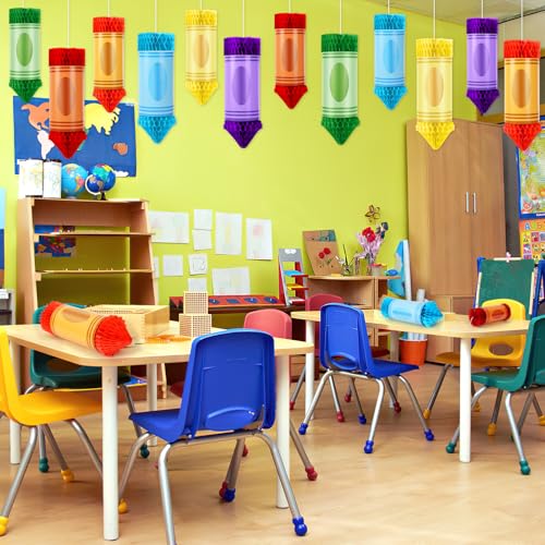 Image of 12 Pcs Crayon Pencil Hanging Honeycomb, Welcome Back to School Classroom Decorations for Teacher Appreciation Week First Day of School Party Supplies Ceiling Decor