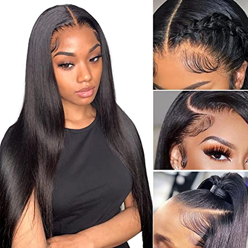 Straight Lace Front Wigs Human Hair 13x4 HD Transparent Lace Front Wigs for Black Women Brazilian Virgin Hair Lace Frontal Wig150% Density Pre Plucked with Baby Hair Hairline Natural Color(18Inch)