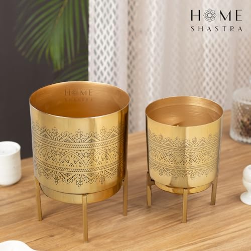 Image of Raaga Gold Metal Planters with Stand | Pack of 2 | Big Planter - 10 Inch (Height) 7 inch (Diameter) | Small Planter - 8 Inch (Height) 6 inch (Diameter) Planters for Living Room