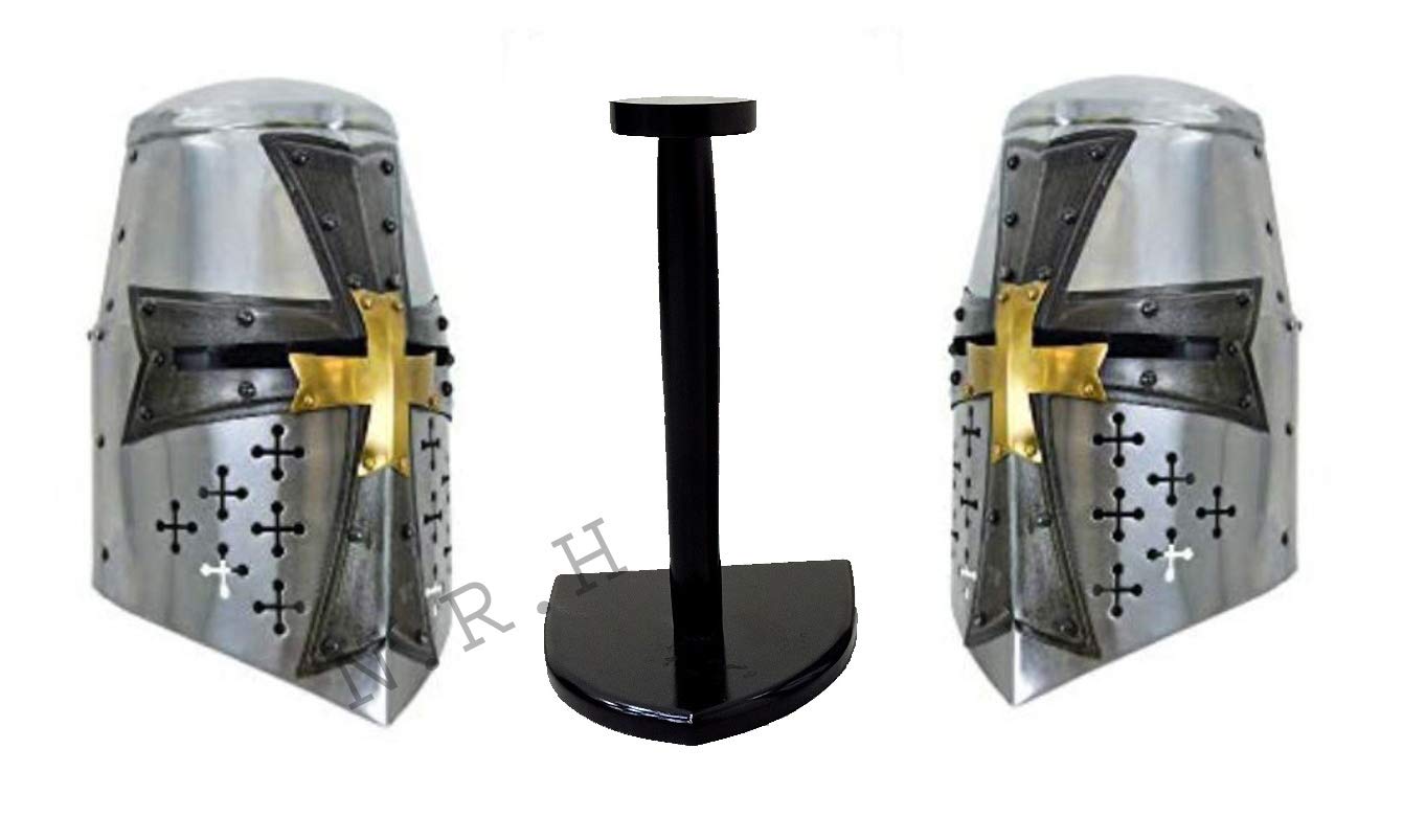 Casque médiéval Crusader Templier Great Heaum Armour réplique européenne sur support en bois