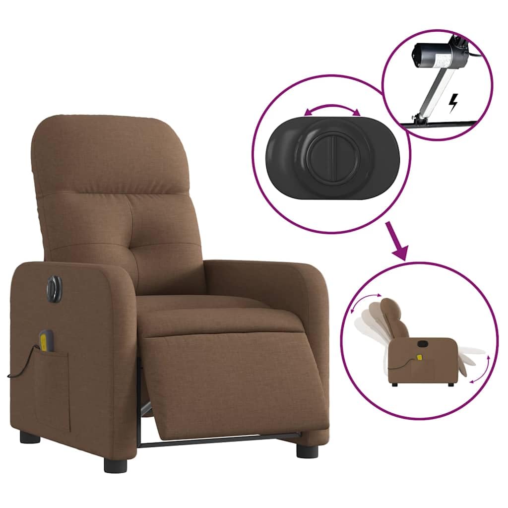 Massagesessel elektrisch braun Stoff mit 6-Punkt-Vibrationsmassage, Verstellbarer Rückenlehne und Fußstütze, ergonomischer Relaxstuhl mit Holz Metall Gestell