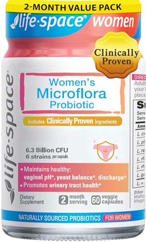 Life-Space Probiotic for Women, 2 Month Serving, Support Healthy Vaginal Microflora & Comfort, Daily Supplement for Women, pH Balance with Lactobacillus rhamnosus, 6.3 Billion CFU & 6 Strains, 60 ct