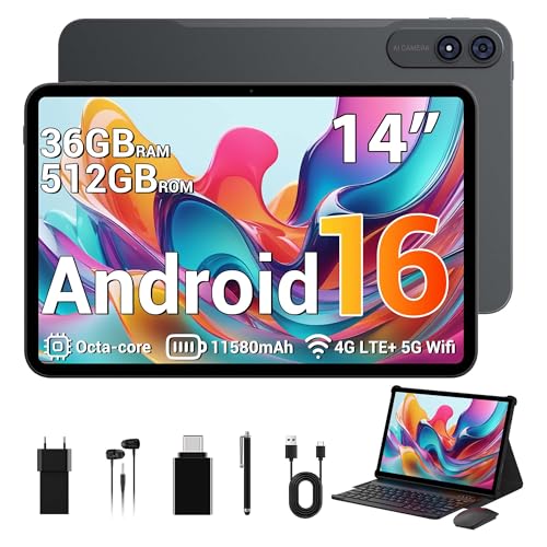 SADSYMB 2026 Tablet 14 Pollici con Android 16, 36GB RAM+512GB ROM, Octa-Core, 4G LTE/5G WiFi, 2000 * 1200, Widevine L1,11580mAh,13MP+8MP,BT 5.0/GPS/Face ID/Tablet in offerta con Tastiera(Gris)