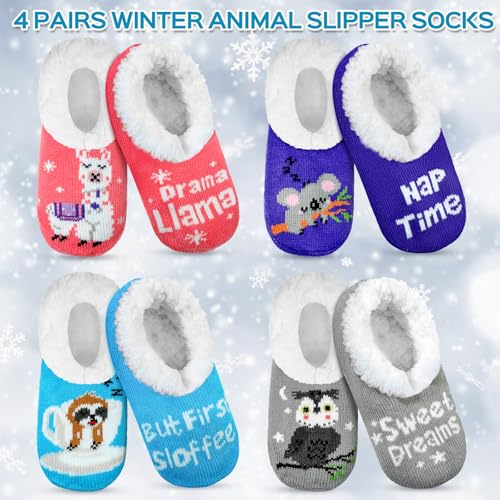 4 Pairs Winter Fuzzy Slipper for Women Non Slip Animal Slipper Socks with Grippers Cozy Sherpa for Indoor2