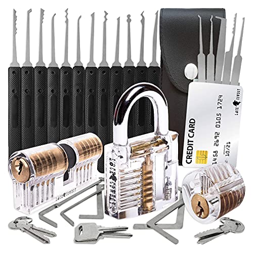 LOCK COWBOY Juego de 30 Herramientas para Abre Candados - Abrir Cerraduras Incluye 3 Cerraduras Práctica Transparentes y Herramientas del Tamaño de una Tarjeta de Crédito - Instrucciones Incluidas