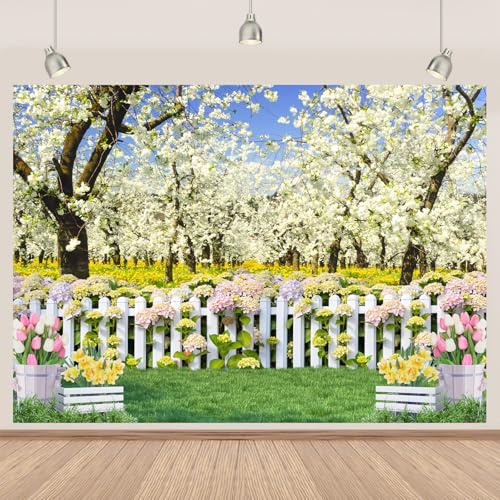 Spring Backdrop Banner 7x5Ft White Yellow Flower Floral Spring Photo Backdrops for Photography Green Grass Banner for Birthday Wedding Baby Shower Spring Party Decorations 82x59 inch Polyester