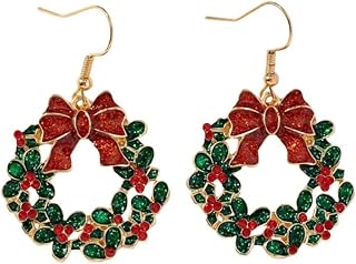 Kokoma Christmas Wreath Bow Dangle Earrings for Women Cubic Zirconia Bow Knot Holly Leaf Dangle Drop Earrings Christmas Festive Holiday Jewelry
