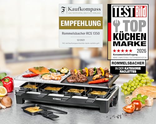 Foto von ROMMELSBACHER Raclette Grill RCS – 2 Wendegrillplatten, 1 Steingrillplatte, 8 Pfännchen, 8 Schaber, Antihaftbeschichtung Xylan Plus, stufenlose Temperaturregelung, 1350 Watt, Schwarz/Edelstahl