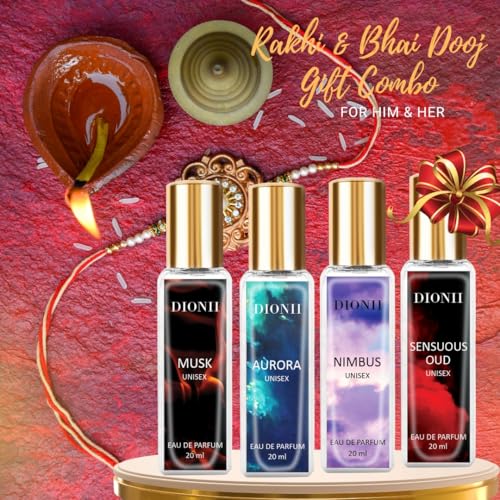 Image of Dionii Eau De Parfum Rakhi Gift Set for Unisex | MUSK, AURORA, SENSUOUS OUD, NIMBUS Perfume | Long Lasting Fragrance (4 x 20ml Each)