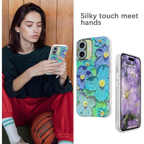 Image of Elzzi Compatible with iPhone 17 Case Oil Painting Flower Colorful with Lens Prtotection Shockproof PC+TPU Glossy Back Cover for Girls Women, Green
