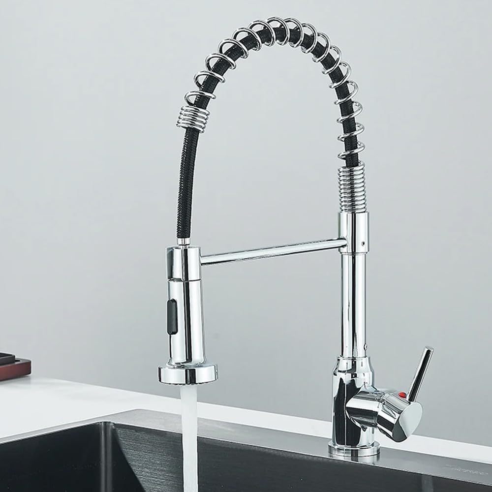 Robinet d'évier de cuisine noir mat avec ressort col de cygne pour eau chaude et froide