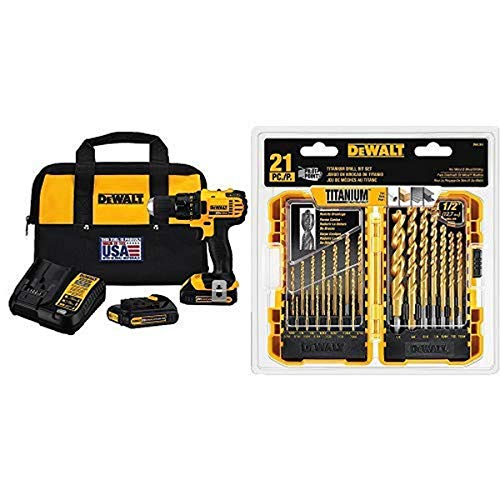 DEWALT DCD780C2 20-Volt Max Li-Ion Compact 1.5 Ah Drill/Contractor bag with DEWALT DW1361 Titanium Pilot Point Drill Bit Set, 21-Piece