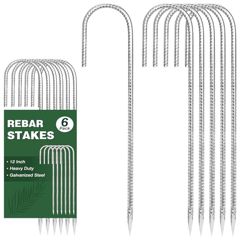 CEWOR 6 Pack 12 Inch Rebar Stakes, J Hook Tent Stakes Heavy Duty Long Galvanized Ground Anchors Metal Spikes Landscape Yard Stakes for Signs, Trampoline, Chain Link Fence, Outdoor Decoration