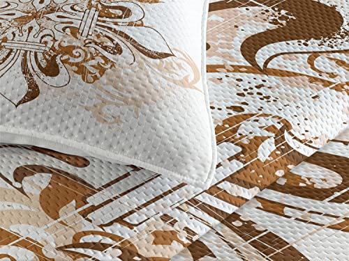 Ambesonne Fleur De Lis Coverlet, Antique Heraldry Vintage Floral Swirls Traditional Old Fashion, 3 Piece Decorative Quilted Bedspread Set With 2 Pillow Shams, King Size, White Brown #TOP2