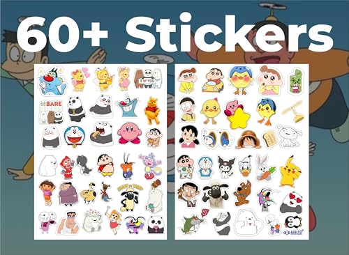 Image of LERITO Cartoon Stickers Pack, 60+ Pieces, Waterproof Self Adhesive Decals for Laptop, Journal, Guitar, Mobile Phone, Multicolour