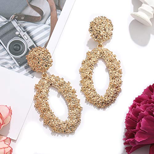 Statement Drop Earrings For Women Girls Boho Textured Dangle Earrings Gorgeous Geometric Oval Raised Earrings (Gold) #TOP4