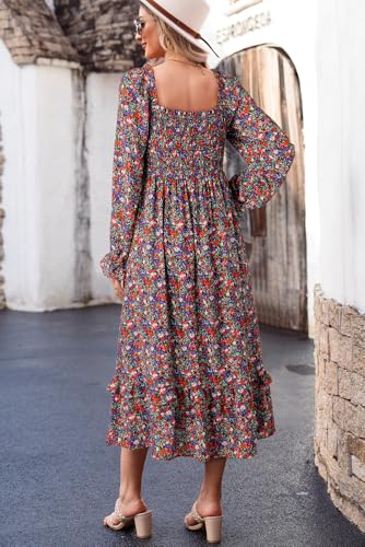 Image of Dokotoo Boho Dresses for Women 2025 Casual Floral Square Neck Long Sleeve Smocked Elastic Waist Tiered Ruffle Hem Maxi Dress