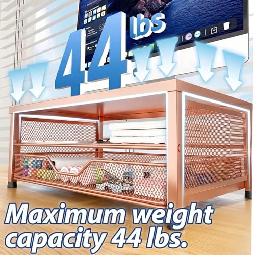 Image of OPNICE Computer Monitor Stand Riser, Desk Organizer with Drawer, Printer & Laptop Stand, Office Desk Accessories & Workspace Desktop Organizers Storage for Office Supplies(Rose Gold)