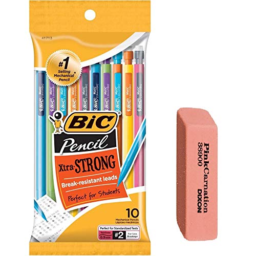 BIC Xtra-Strong Mechanical Pencil, Colorful Barrel, Thick Point (0.9mm), 10-Count With Large Pink Eraser
